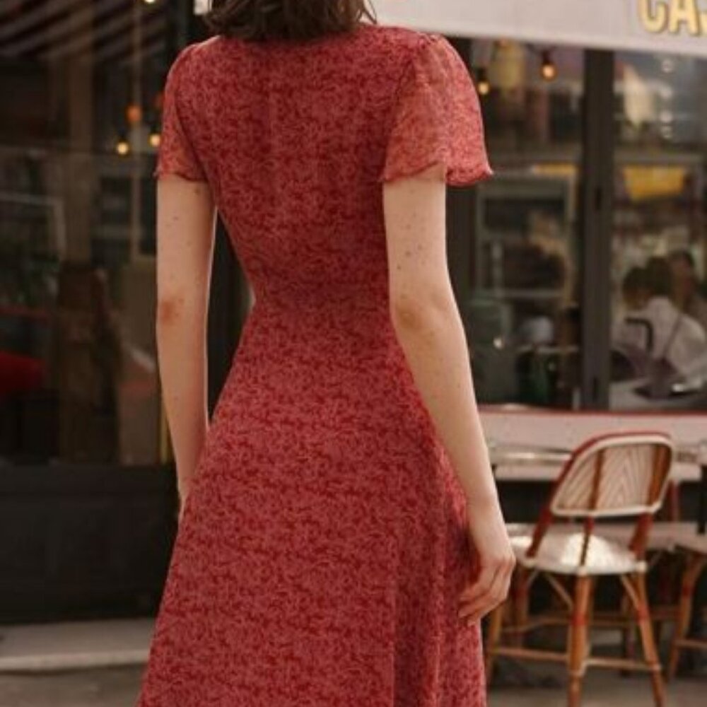GAÂLA Paris Red Floral Wrap Midi Dress Size 42 - Picture 4 of 11